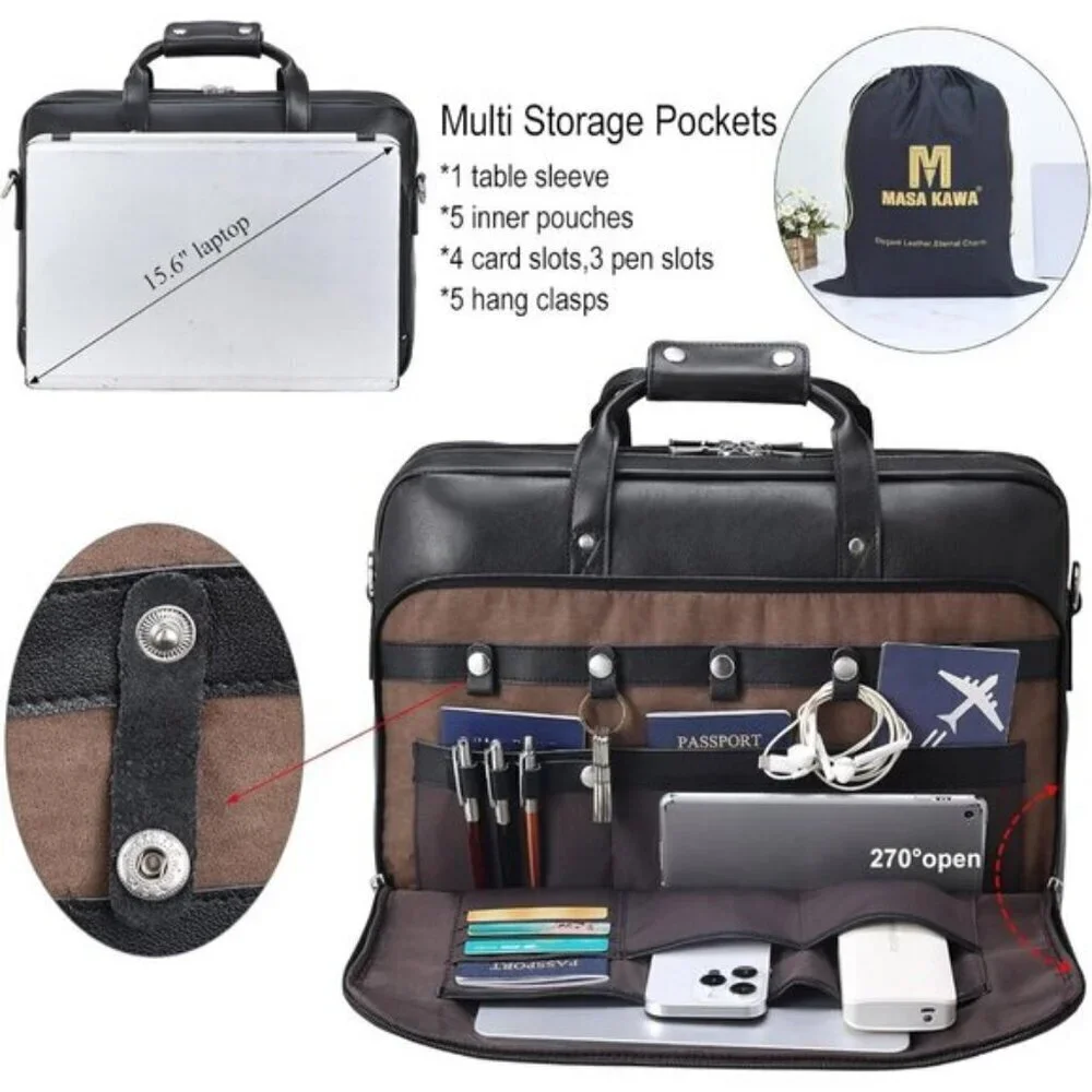 ⚡Men Black Fits 15.6 Inch Laptop Crossbody Bag Attached Leather Briefcase